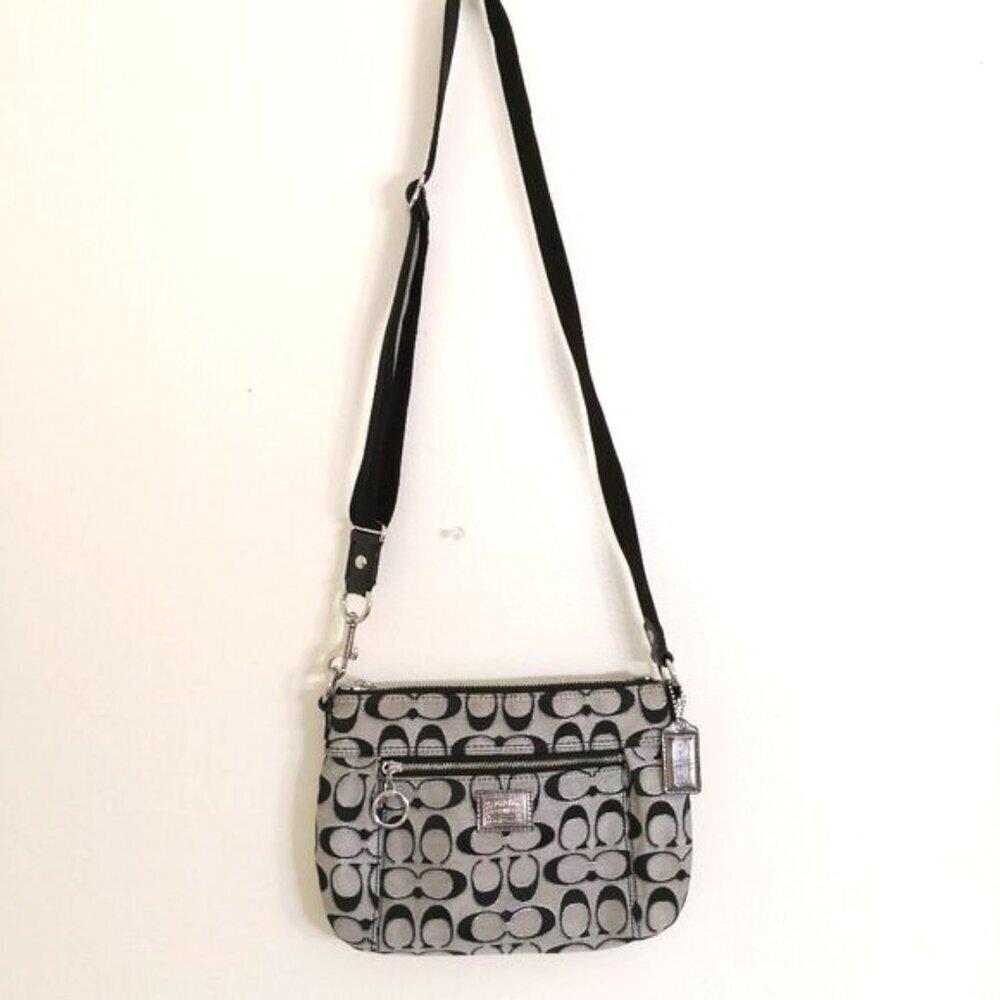 Coach Signature Poppy Canvas Crossbody Gray/Silver/Black 9"Lx7"Hx1.5"D